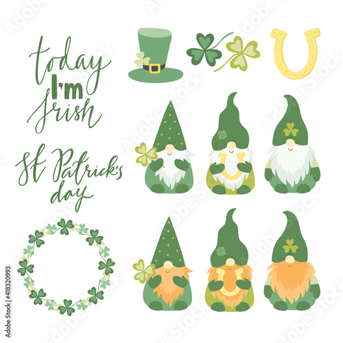 St.Patrick 's Day. Set of vector clipart with cute gnomes. Irish holiday. Festive lettering st patrick's day