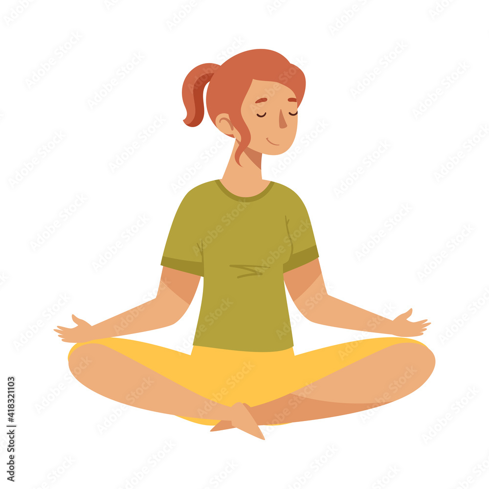 Female with Closed Eyes and Crossed Legs Sitting in Lotus Position Practising Yoga Vector Illustration
