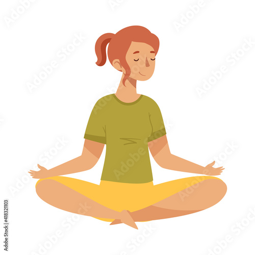 Female with Closed Eyes and Crossed Legs Sitting in Lotus Position Practising Yoga Vector Illustration