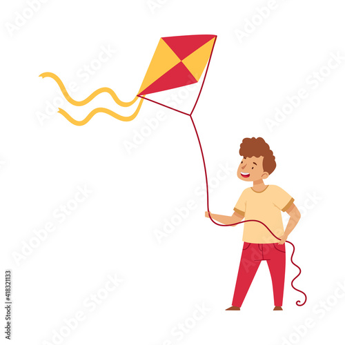 Cheerful Boy Playing with Flying Paper Kite Vector Illustration