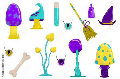 Vector clip art with fabulous mushrooms and witch attributes. Bones  eyes  broom  and phials. Fantasy elements for game designs.