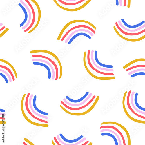 Cute colorful rainbow hipster seamless pattern hand drawn vector. Yellow pink red blue shapes doodle illustration. Happy vibrant color on plain white. Lgbtq pride wrapping paper card nursery wallpaper