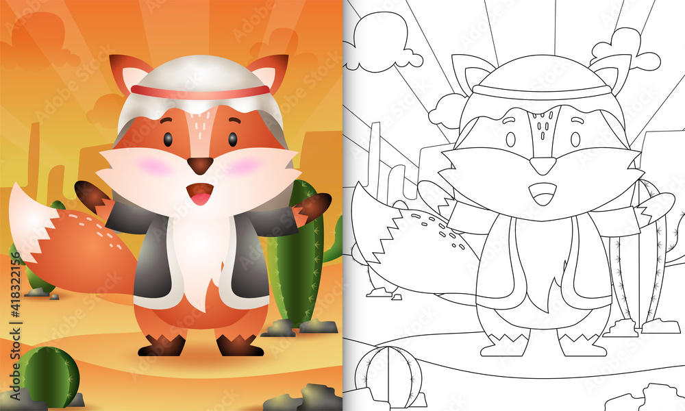 coloring book for kids themed ramadan with a cute fox using arabic traditional costume