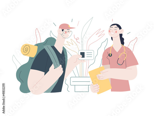 Medical insurance illustration -medical assistance all over the world - modern flat vector concept digital illustration -a traveller applying to a local clinic for medical help, part of insurance plan