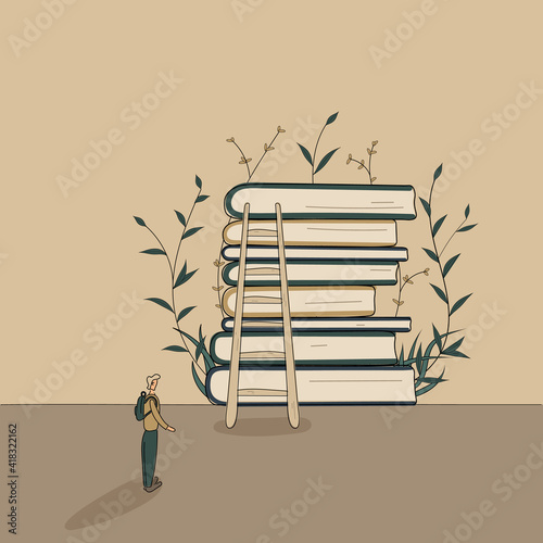 Concept:book is source of knowledge.Tiny man ready ready to climb stairs to stack of books and start reading.Pile of volumes surrounded by beautiful plants as symbol of flowering.Hand drawn vector
