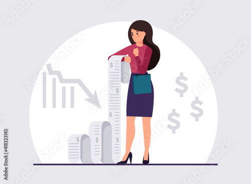 Upset woman holding a long bill, financial losses