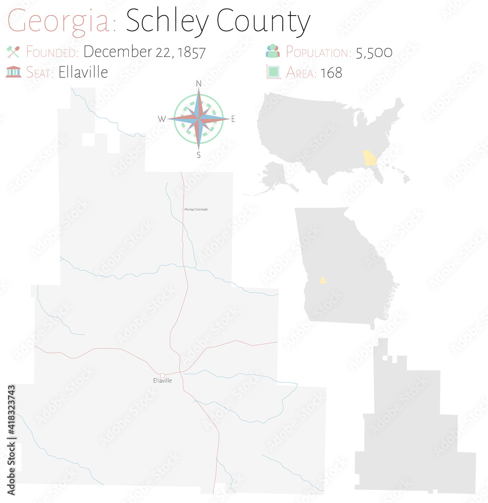 Large and detailed map of Schley county in Georgia, USA.