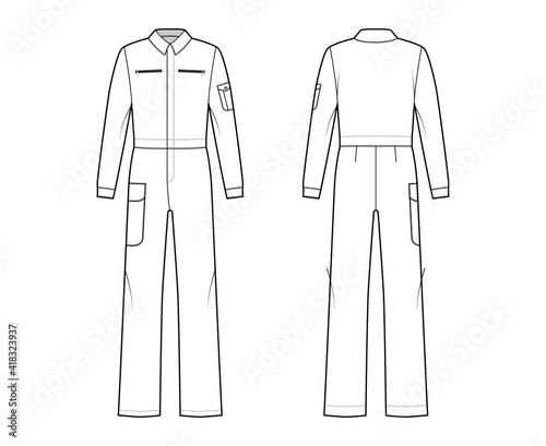 Boilersuit coverall Dungaree jumpsuit technical fashion illustration with full length, normal waist, high rise, pockets, long sleeves. Flat front back, white color style. Women, men unisex CAD mockup