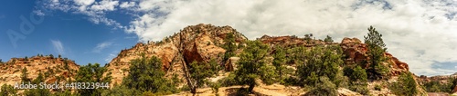 Panorama shot of sandstone hils with conifers against sky in Zion antional park at sunny day in Utah  america