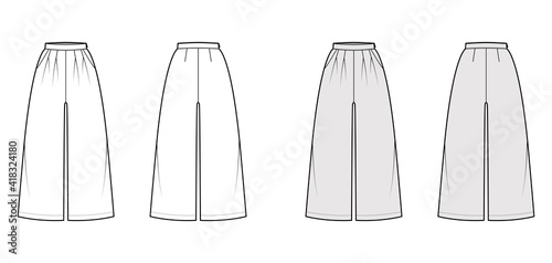 Pants culotte palazzo technical fashion illustration with normal waist, high rise, calf length, seam pockets, wide legs. Flat trousers template front back white grey color. Women men unisex CAD mockup photo