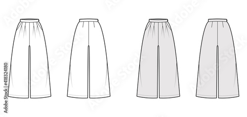 Pants culotte palazzo technical fashion illustration with normal waist, high rise, calf length, seam pockets, wide legs. Flat trousers template front back white grey color. Women men unisex CAD mockup