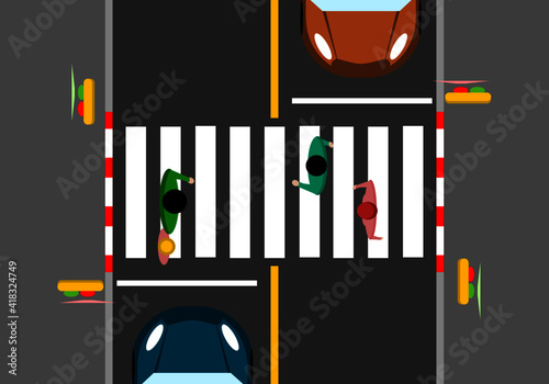 People are walking across the road on a crosswalk for safety flat vector.