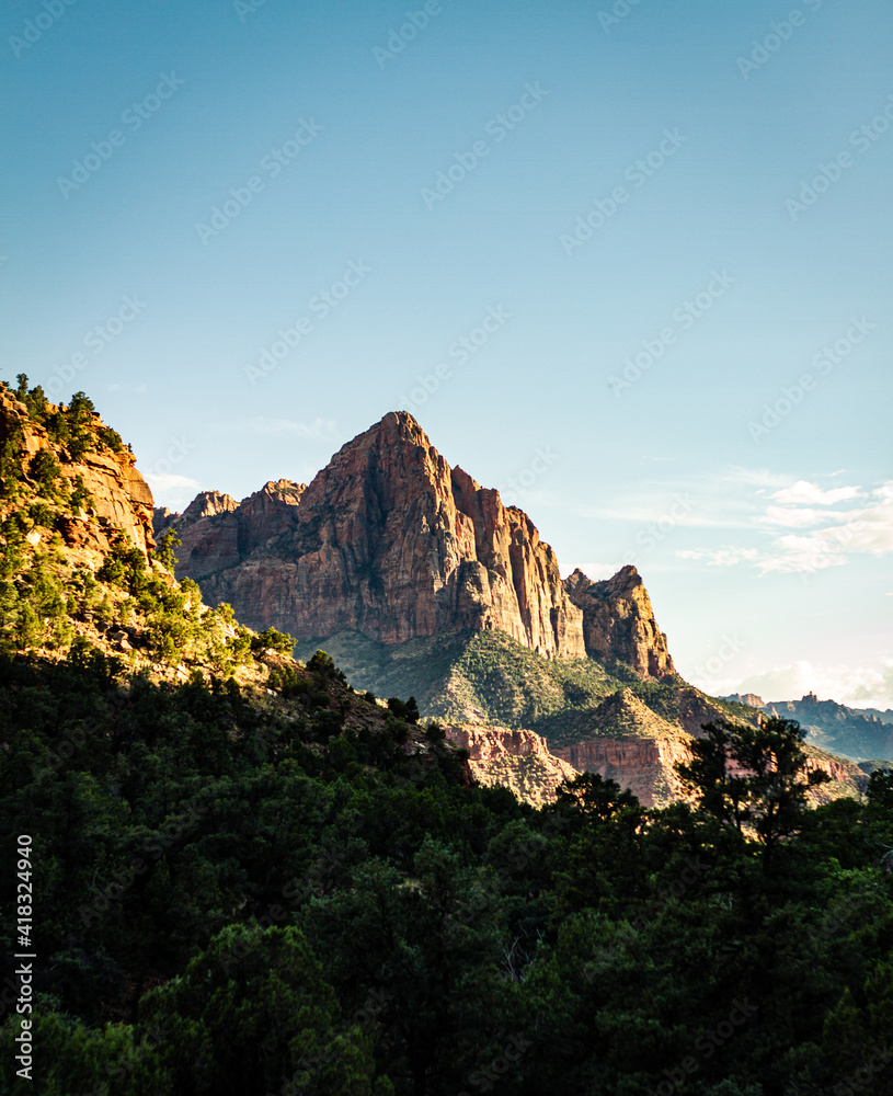 Portrait shot of top of rocky mountain with green forest at sunset in Zion national park in Utah, america