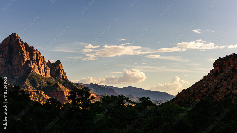 Panorama shot of valley at sunset in Zion national park in Utah, america