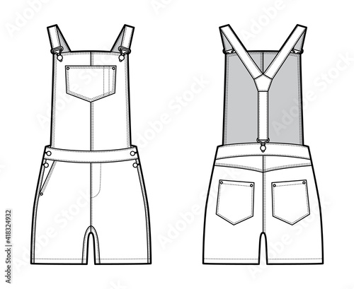 Dungarees Denim overall jumpsuit technical fashion illustration with mini length, normal waist, high rise, pockets, Rivets. Flat apparel front back, white color style. Women, men unisex CAD mockup