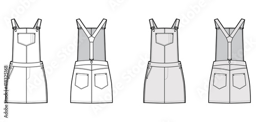 Dungaree dress Denim overall jumpsuit technical fashion illustration with mini length, normal waist, high rise, pockets, Rivets. Flat apparel front back, white, grey color style. Women, men CAD mockup