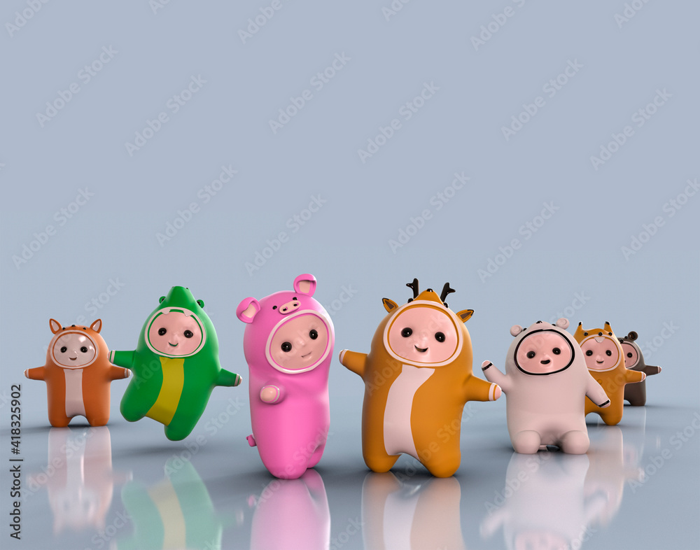 cute cartoon 3d little men in animal costumes crocodile, squirrel, deer, bear, fox stand and jump cute cartoon 3d little men in animal costumes crocodile, squirrel, deer, bear, fox stand and jump