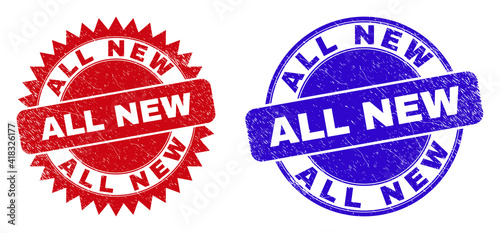 Round and rosette ALL NEW seal stamps. Flat vector distress seal stamps with ALL NEW slogan inside round and sharp rosette shape, in red and blue colors. Rubber imitations with scratched style,