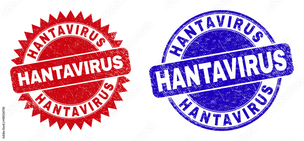 Round and rosette HANTAVIRUS seal stamps. Flat vector distress stamps with HANTAVIRUS tag inside round and sharp rosette shape, in red and blue colors. Imprints with scratched texture,