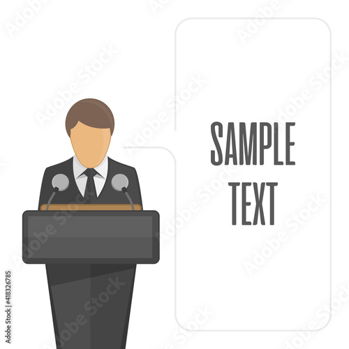 Press conference vector illustration in flat style. Live report, live news concept. Man on the podium with a microphone and a cloud for text.