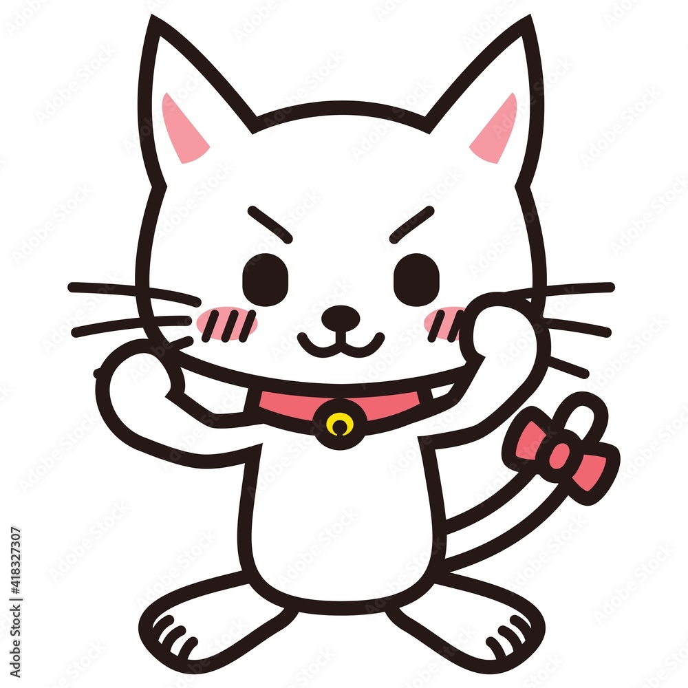 ガッツポーズで自信満々な白い猫 ガッツポーズで自信満々な白い猫