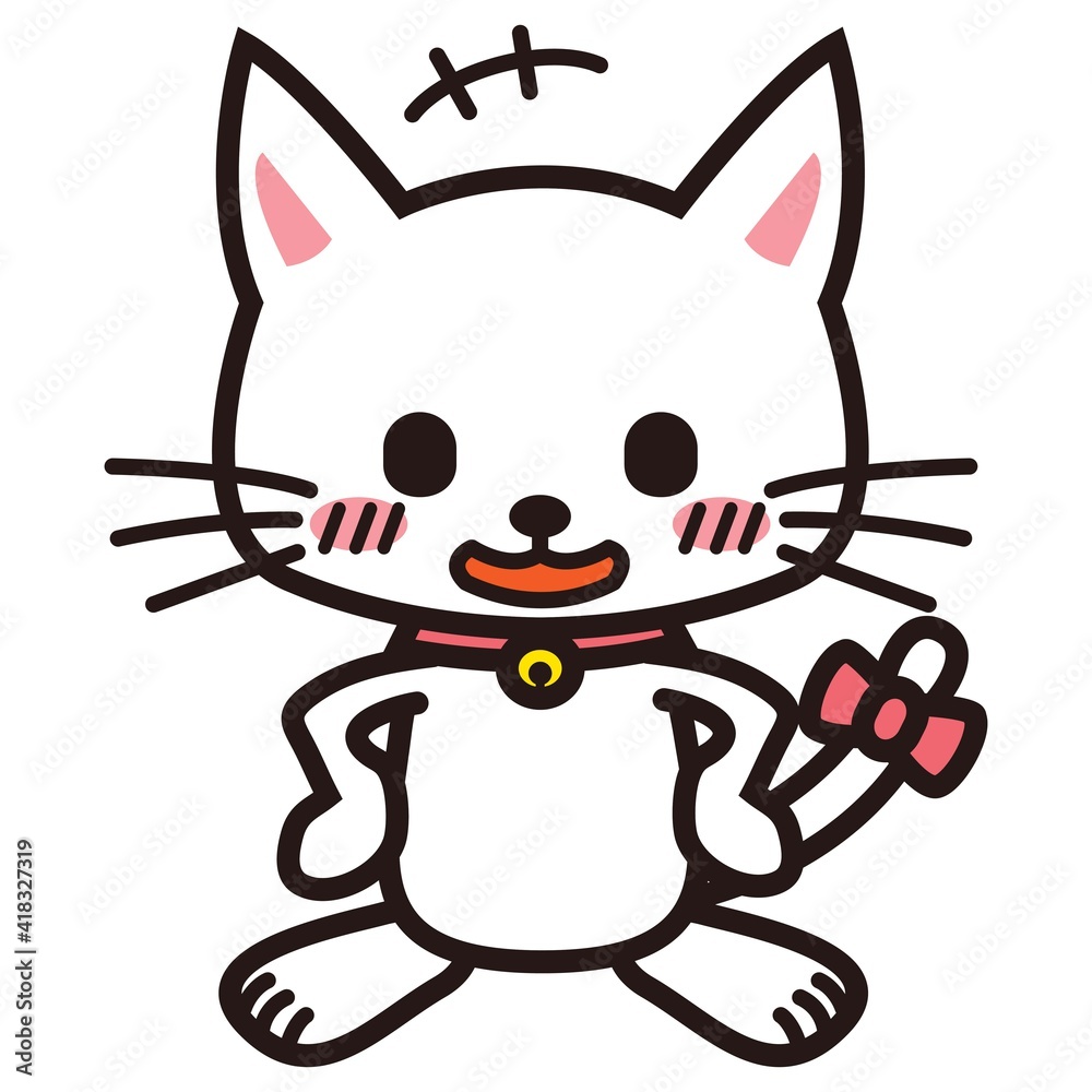 手を腰に当て胸をはる白い猫 手を腰に当て胸をはる白い猫