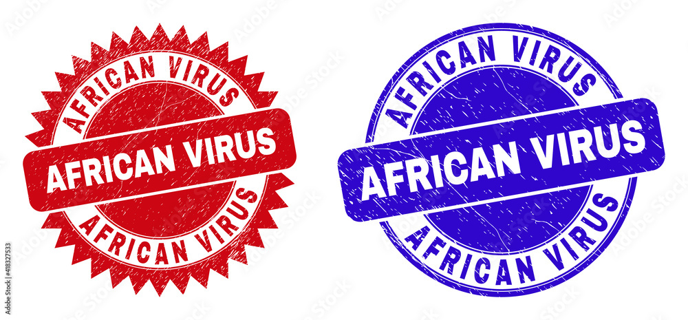 Rounded and rosette AFRICAN VIRUS seals. Flat vector grunge watermarks with AFRICAN VIRUS slogan inside round and sharp rosette shape, in red and blue colors. Watermarks with grunge texture,