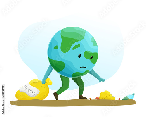 Cute cartoon Earth collects garbage. Save and protect planet. Environmental pollution problems. Vector illustration.