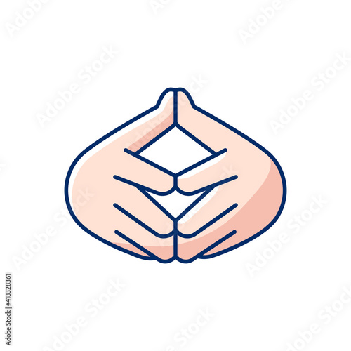 Steeple hand gesture RGB color icon. Feel confident about what is going on. Self confidence. Gesturing. Improving ability to explain. Finger-tips touching each other. Isolated vector illustration