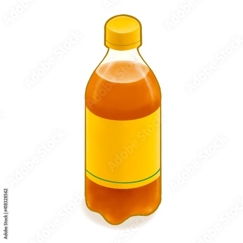 Apple juice soda, a digital painting of yellow plastic bottle of sparkling juicy soft drink beverage isometric cartoon icon raster 3D illustration on white background.