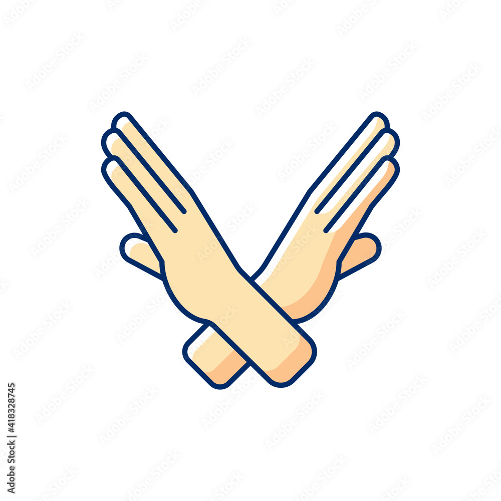 Obraz premium Crossed arms, stop gesture RGB color icon. Request to stop action. Prohibition of action. Stop violence. Stop doing this. Gesturing. Improving ability to explain. Isolated vector illustration