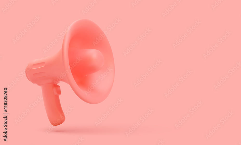 3d realistic red plastic megaphone on red background. Vector illustration - obrazy, fototapety, plakaty 