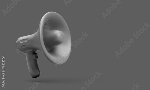 3d realistic black plastic megaphone with shadow on dark background. Vector illustration