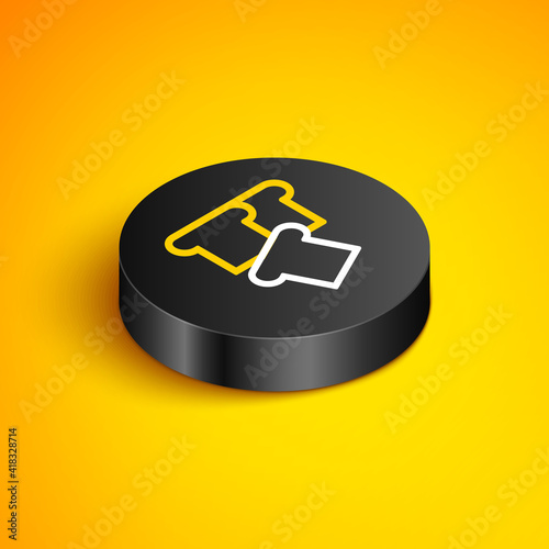 Isometric line Bread toast for sandwich piece of roasted crouton icon isolated on yellow background. Lunch, dinner, breakfast snack. Black circle button. Vector.