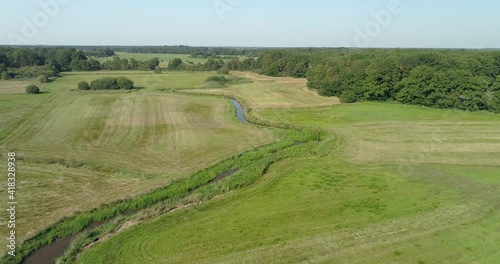 Aerial view of small winding river between grasslands, river Reest, border between provinces of Drenthe and Overijssel, Netherlands photo