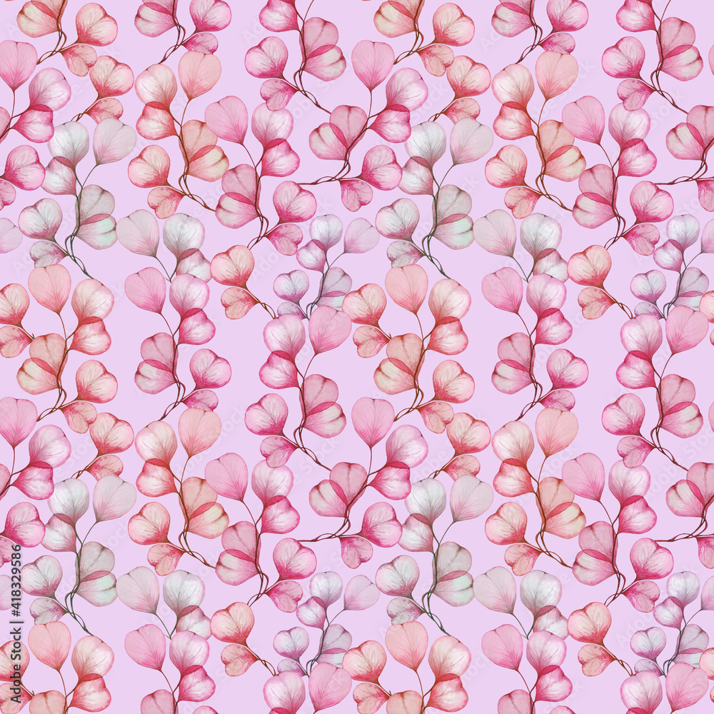 Floral vintage background. Watercolour romantic pink eucalyptus branches seamless pattern.Floral vintage background. Watercolour romantic pink eucalyptus branches seamless pattern.