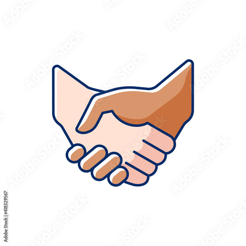 Handshake RGB color icon. Successful business deal. Improving ability to explain. Partnerships. Mutually beneficial deal. Reaching agreement. Gesture of courtesy. Isolated vector illustration