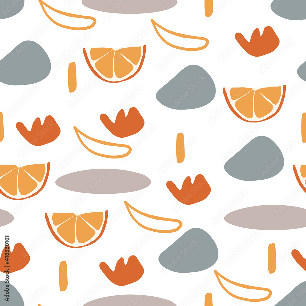 Abstract modern seamless pattern with slices of citrus orange fruit, grey, blue, orange and yellow color shapes 