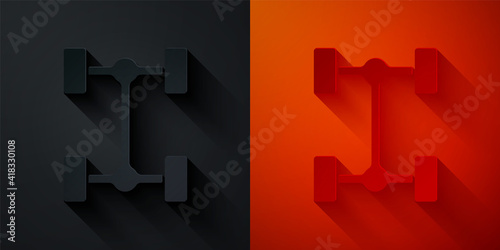 Paper cut Chassis car icon isolated on black and red background. Paper art style. Vector.