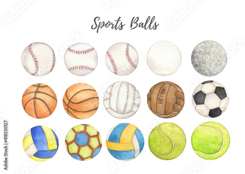 Watercolor Sports balls Hand drawn colorful clipart