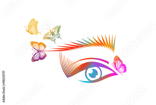 Logo is a beautiful female eye. Lashes with butterflies. multicolored eye symbol. Mixed media. Vector illustration