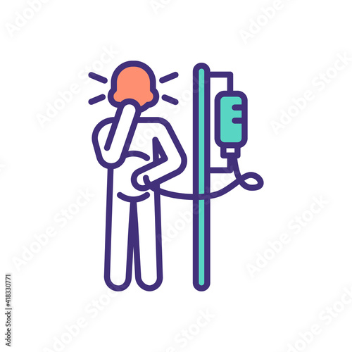 Chemotherapy nausea RGB color icon. Vomiting, sickness. Cancer treatment. Nausea chemo. Chemotherapy-related side effects. Anti-nausea medication. Cancer patient. Isolated vector illustration