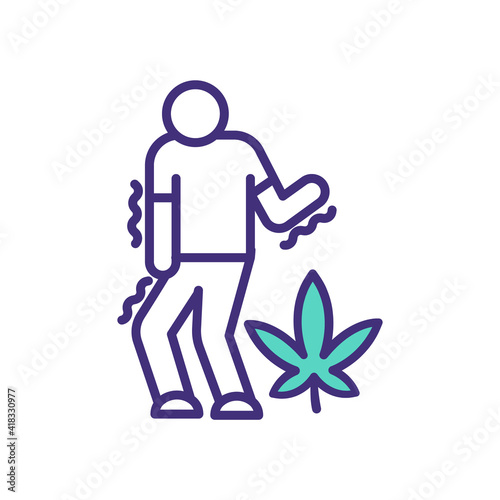 Marijuana abuse RGB color icon. Withdrawal symptoms. Behavioral changes. Dependence. Cannabis addiction. Marijuana use disorder. Anxiety and panic experience. Medical use. Isolated vector illustration