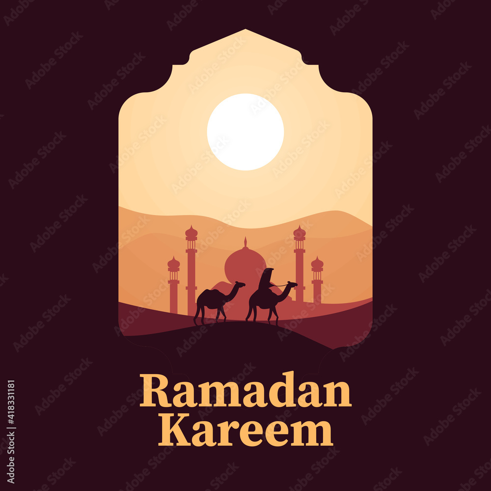 Ramadan Kareem greeting with Camels Riding in the Desert Sand Going to mosque Ramadan Kareem greeting with Camels Riding in the Desert Sand Going to mosque