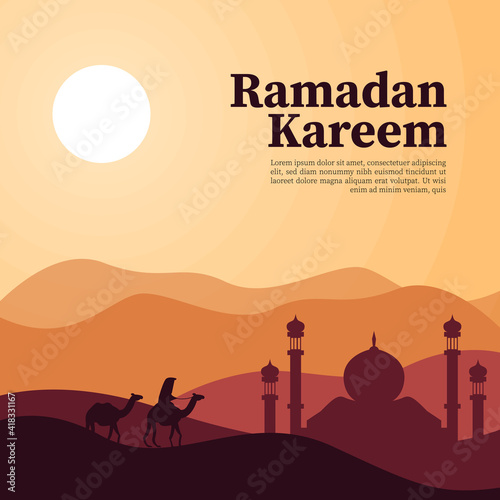 Ramadan Kareem greeting with Camels Riding in the Desert Sand Going to mosque