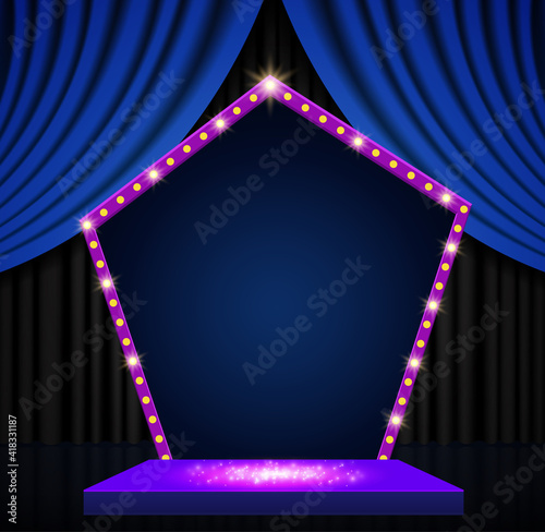 Background with blue and black curtain, podium and retro banner. Design for presentation, concert, show