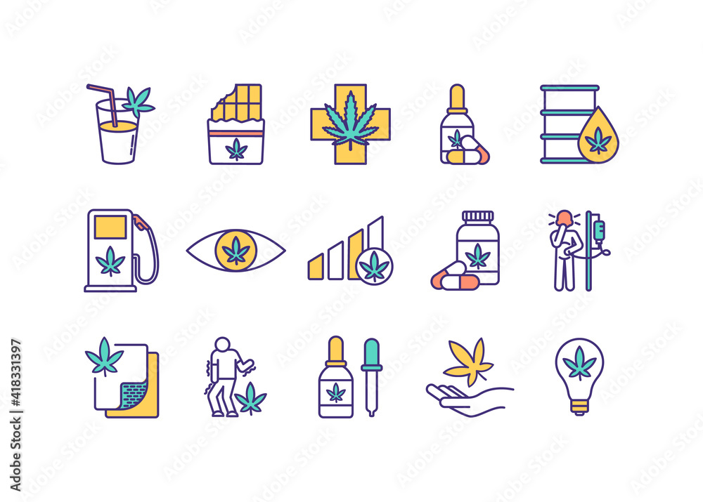 Cannabis consumption RGB color icons set. Drinkable marijuana. Herbal remedy. Industrial hemp. Cannabis addiction. Food product. Hemp seed oil. Pain-relieving drugs. Isolated vector illustrations Cannabis consumption RGB color icons set. Drinkable marijuana. Herbal remedy. Industrial hemp. Cannabis addiction. Food product. Hemp seed oil. Pain-relieving drugs. Isolated vector illustrations