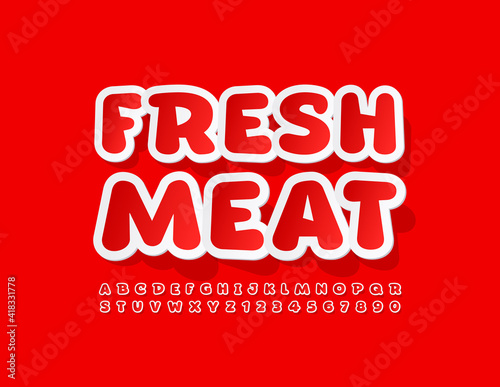 Vector quality badge Fresh Meat. Red and White sticker Font. Bright Alphabet Letters and Numbers set