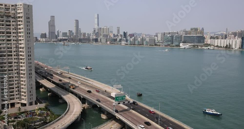 North Point, Hong Kong  - March 2, 2021 : Car traffic at rush hour  on Island Eastern Corridor which is an expressway built along the northeastern shore of Hong Kong Island