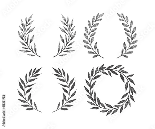 Hand drawn floral wreaths set. Vector round botanical frames and laurels